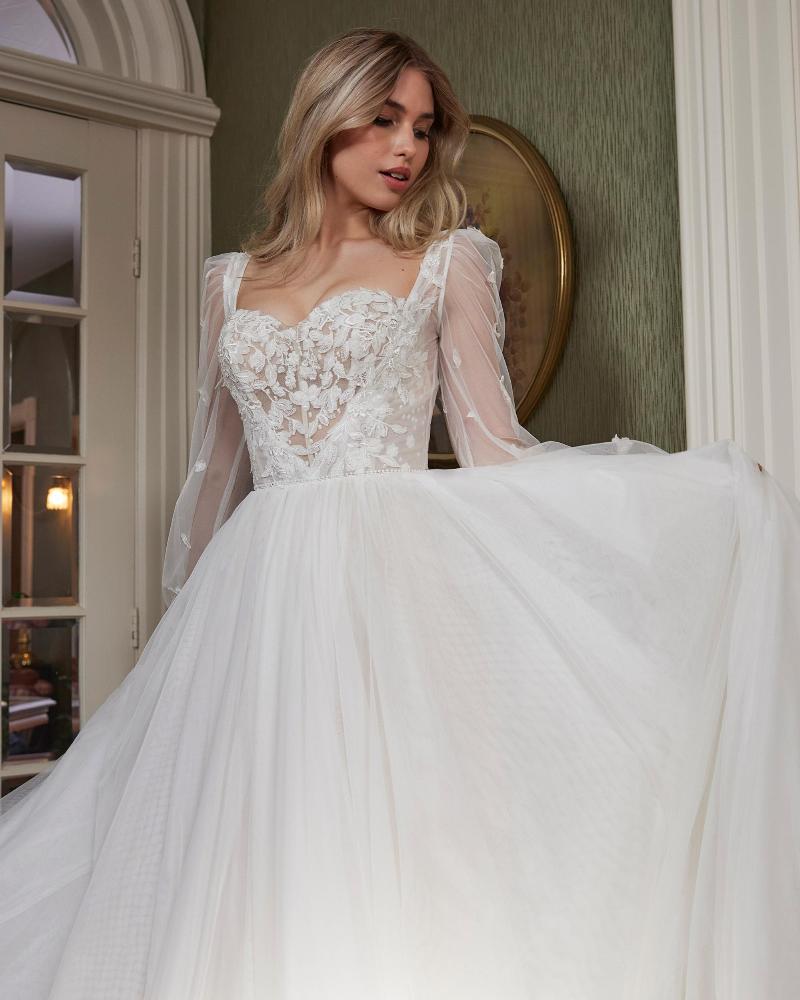 La23250 simple a line tulle wedding dress with sleeves and lace4